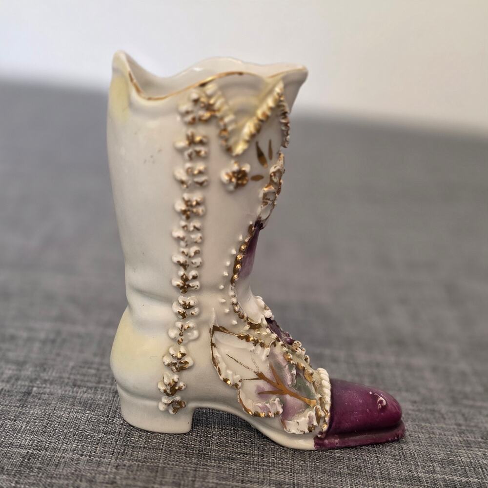 Vintage Miniature High Heel Collectable Boot Ceramic Shoe Pink Gold trim German